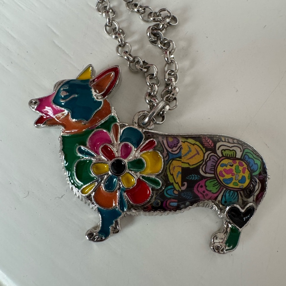 Colorful Floral Corgi Pendant Necklace